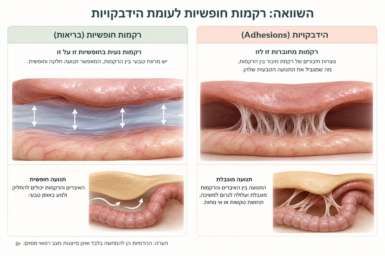 השוואה בין רקמות חופשיות בריאות עם תנועה חופשית לבין רקמות עם הידבקויות המגבילות תנועה